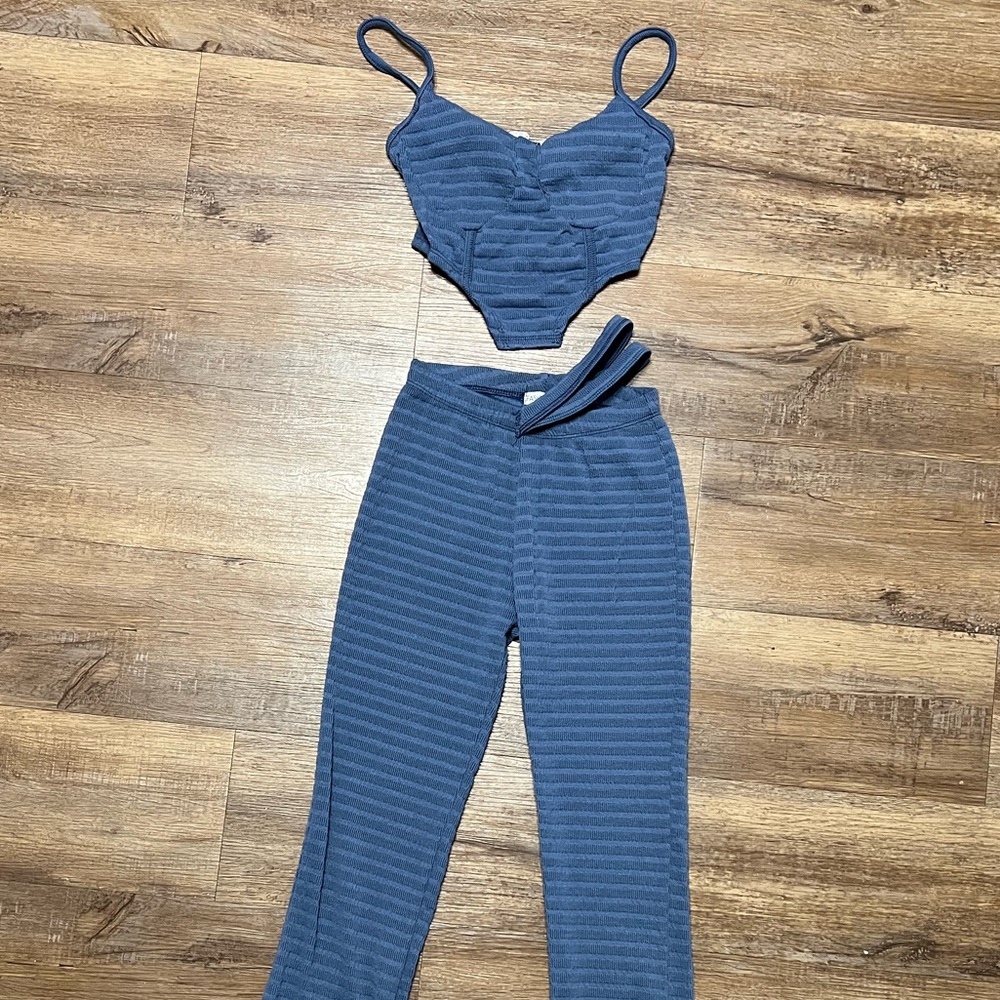 Blue Ribbed High-Waist Flare Pants Set